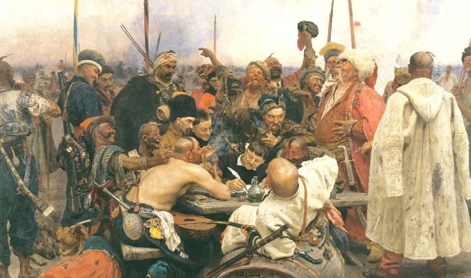 Ilya Yefimovich Repin, 1880-1891. The Zaporozhian Cossacks write a letter to the Sultan of Turkey. 358 × 203 cm. Oil on canvas. Accessed from: https://commons.wikimedia.org/wiki/File:Repin_Cossacks.jpg